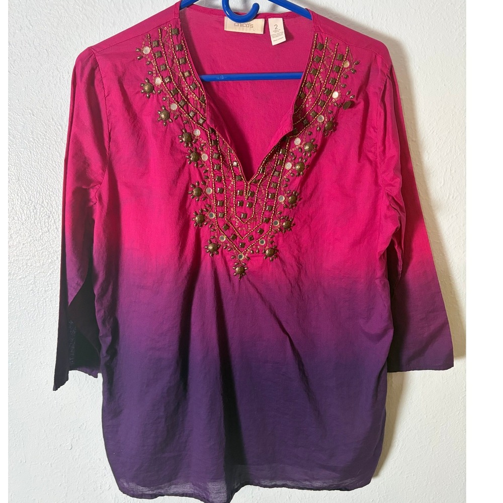 Chicos Pink Purple Ombre Embellished Cotton Tunic Top L 3/4 Sleeve Boho Festival